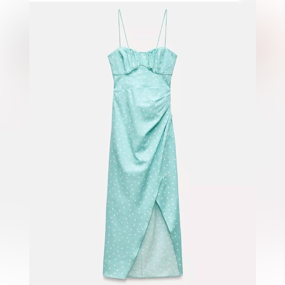 NWT Zara Linen Blend Polka Dot Midi Dress in Light Turquoise Size S - Picture 6 of 16